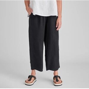 FLAX Women's Black Linen Cropped Pants Pull On Wide Leg Boho Classic Beach Large